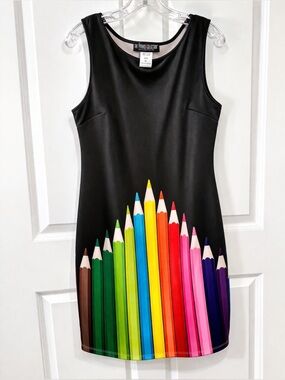 Pyramid Collection XL Teacher Pencil Dress Colorful Print Sleeveless Black
